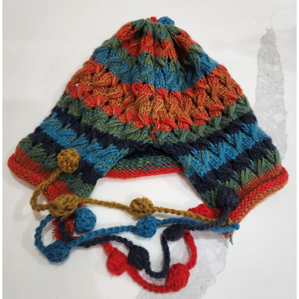 Crochet Striped Beanie Hat with Pom Poms One Size, Adult